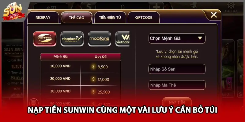 Nạp tiền Sunwin cùng một vài lưu ý cần bỏ túi Nạp tiền Sunwin cùng một vài lưu ý cần bỏ túi